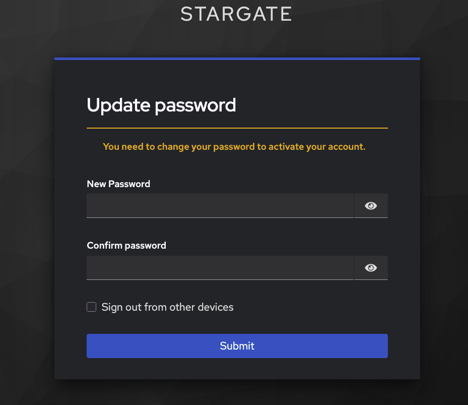 Schermata di aggiornamento password