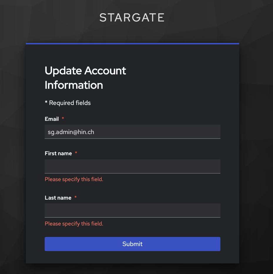 Schermata di aggiornamento informazioni account