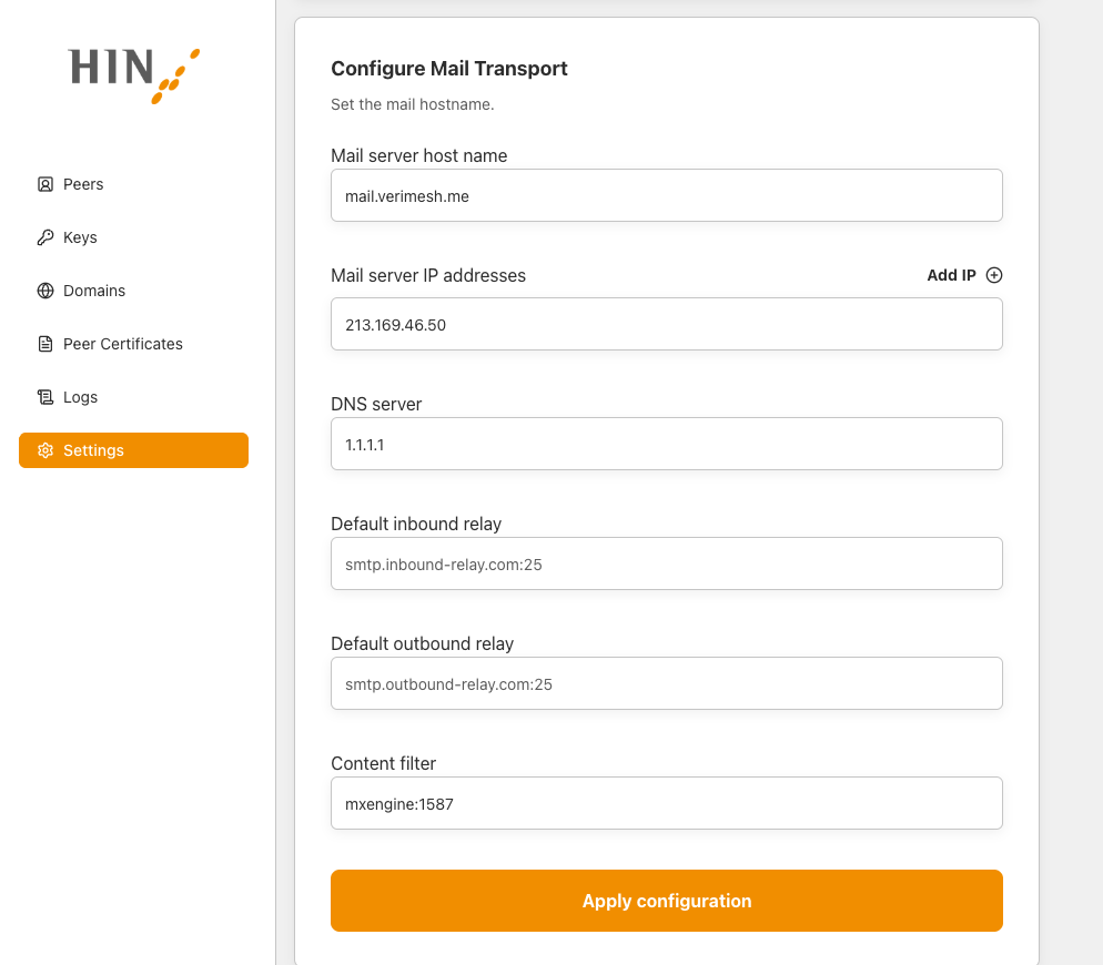 Mail transport configuration screen